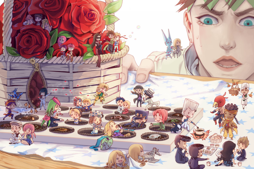 joseph joestar, kujo jotaro, dio brando, caesar anthonio zeppeli, kujo jolyne, and 34 more (jojo no kimyou na bouken and 8 more) drawn by misuru