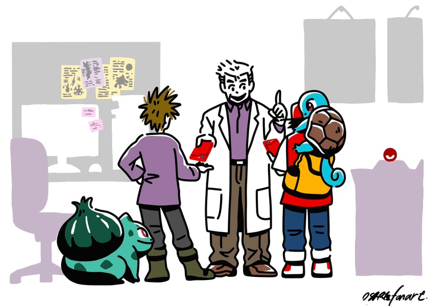 red, blue oak, bulbasaur, squirtle, and professor oak (pokemon and 1 more) drawn by osare_graffiti