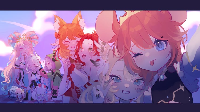 skye shinryu, zumi dokumi, kiki lockheart, kurayami kilia, mirri saffire, and 3 more (eien project) drawn by kasumi_mai_(artist)