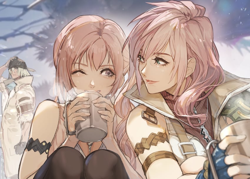 lightning farron, serah farron, and snow villiers (final fantasy and 1 more) drawn by hide_(hideout)