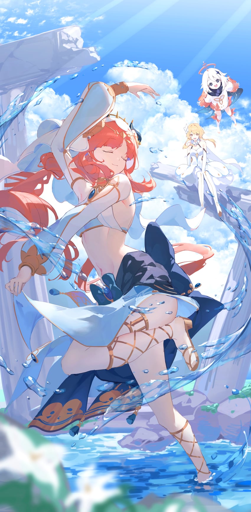 lumine, paimon, and nilou (genshin impact) drawn by iwashi_111