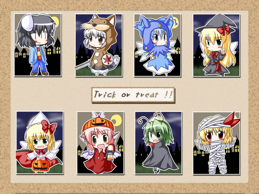 cirno, inubashiri momiji, rumia, mystia lorelei, inaba tewi, and 4 more (touhou) drawn by r_pascal