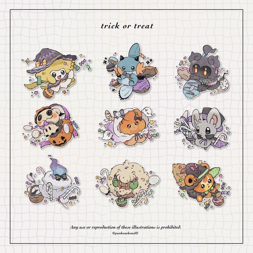 mimikyu, jirachi, mudkip, litwick, whimsicott, and 4 more (pokemon) drawn by pankonekone02