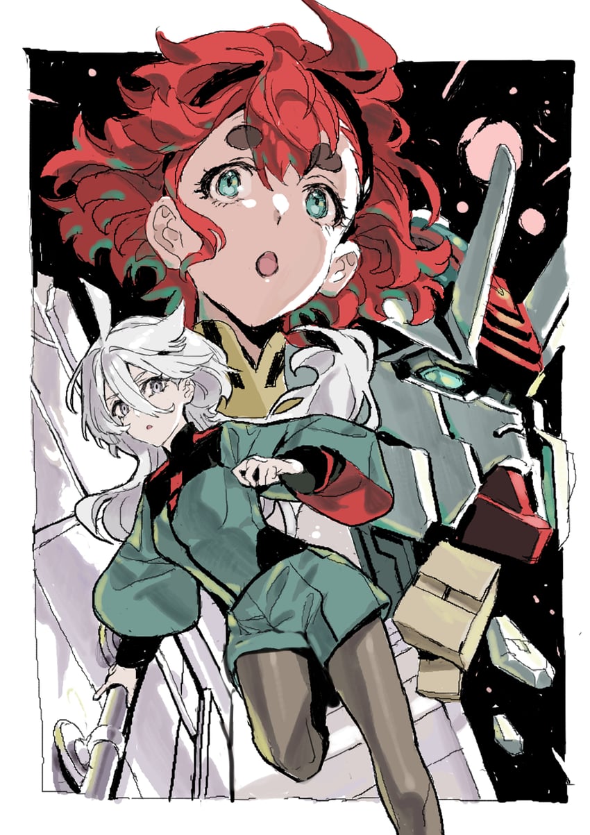 suletta mercury, miorine rembran, and gundam aerial rebuild (gundam and 1 more) drawn by nobita_(makoto7060355)