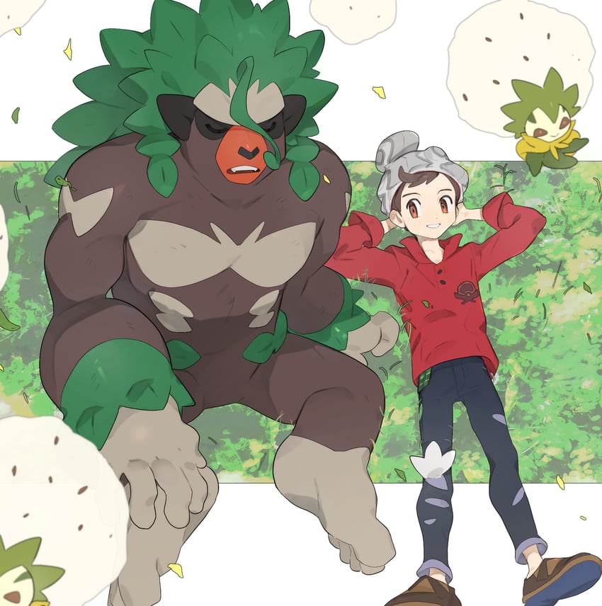 victor, rillaboom, and eldegoss (pokemon and 1 more) drawn by mimura_(nnnnnnnnmoo)