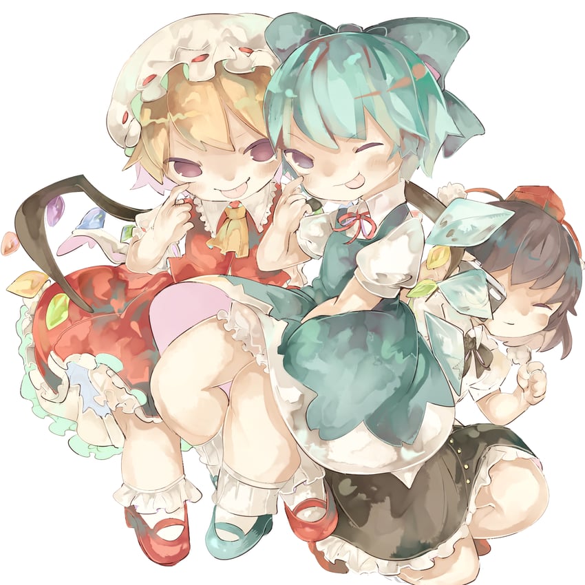 flandre scarlet, cirno, and shameimaru aya (touhou) drawn by chigu