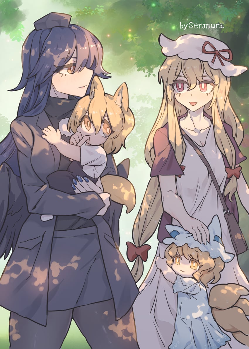 yakumo yukari, yakumo ran, kudamaki tsukasa, and iizunamaru megumu (touhou) drawn by senmura