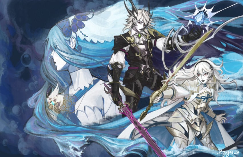female corrin, azura, and male corrin (fire emblem and 1 more) drawn by egguv