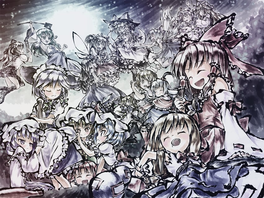 hakurei reimu, kirisame marisa, remilia scarlet, flandre scarlet, izayoi sakuya, and 14 more (touhou) drawn by tamanaga_haru