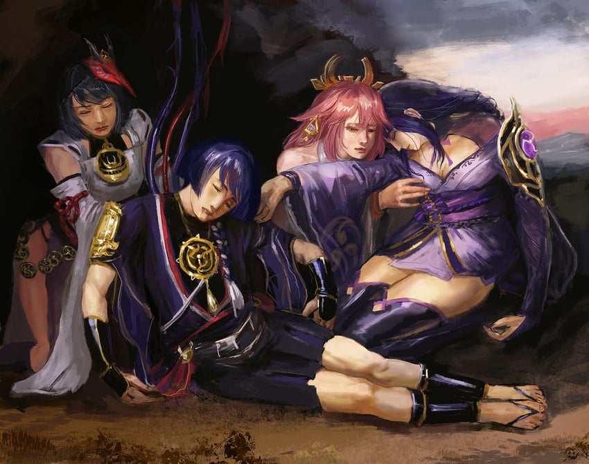 raiden shogun, scaramouche, yae miko, and kujou sara (genshin impact) drawn by amibazh