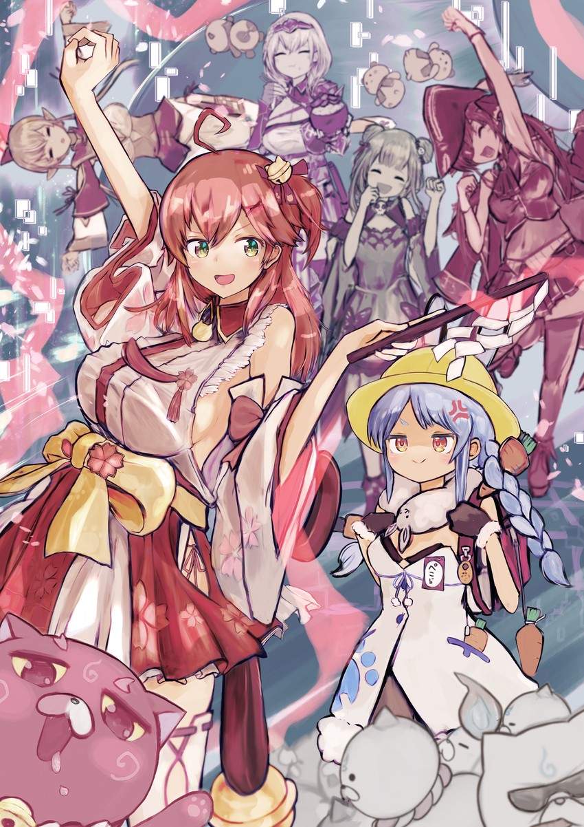 houshou marine, usada pekora, sakura miko, shirogane noel, uruha rushia, and 5 more (hololive) drawn by yakimoti_okaki