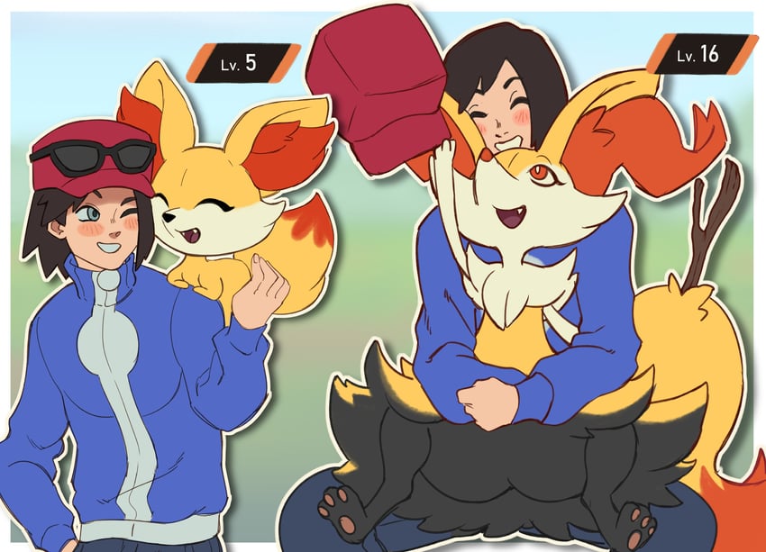 calem, braixen, and fennekin (pokemon and 1 more) drawn by peppr_n'_salt