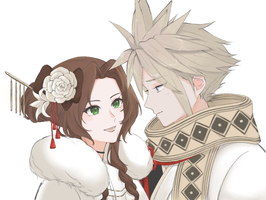 cloud strife and aerith gainsborough (final fantasy and 2 more) drawn by ulshi09