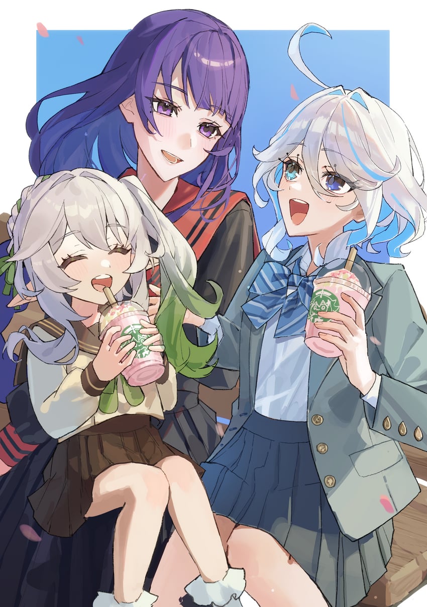 raiden shogun, furina, nahida, and paimon (genshin impact) drawn by asagihisui