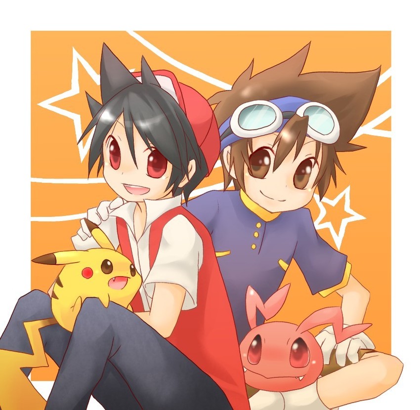 pikachu, red, yagami taichi, pika, and koromon (pokemon and 3 more) drawn by asari_toko