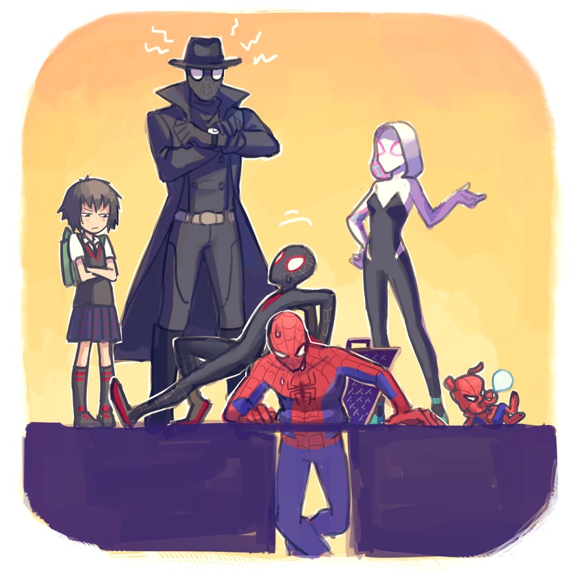 spider-man, spider-gwen, peni parker, peter b parker, spider-man noir, and 1 more (marvel and 3 more) drawn by sen_nai