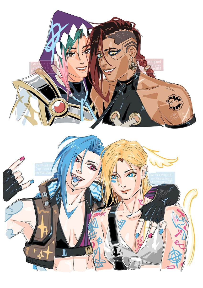 jinx, lux, arcane jinx, v, valerie, and 1 more (league of legends and 3 more) drawn by catsigma
