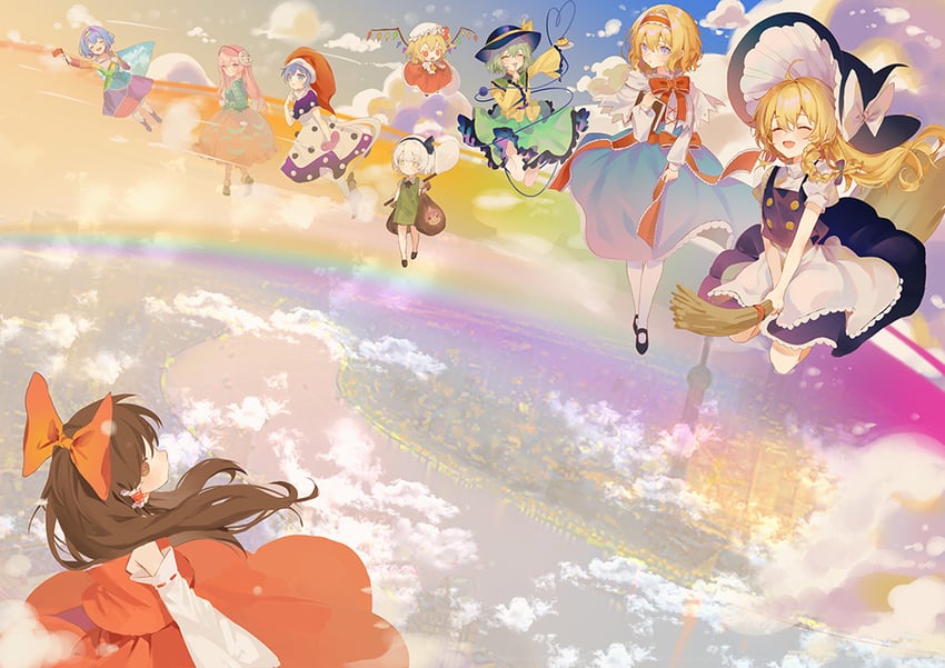 hakurei reimu, kirisame marisa, flandre scarlet, komeiji koishi, konpaku youmu, and 5 more (touhou) drawn by pfallen
