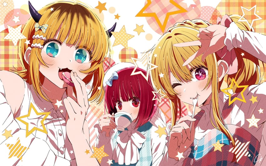 arima kana, hoshino ruby, and memcho (oshi no ko) drawn by 4b-enpitsu