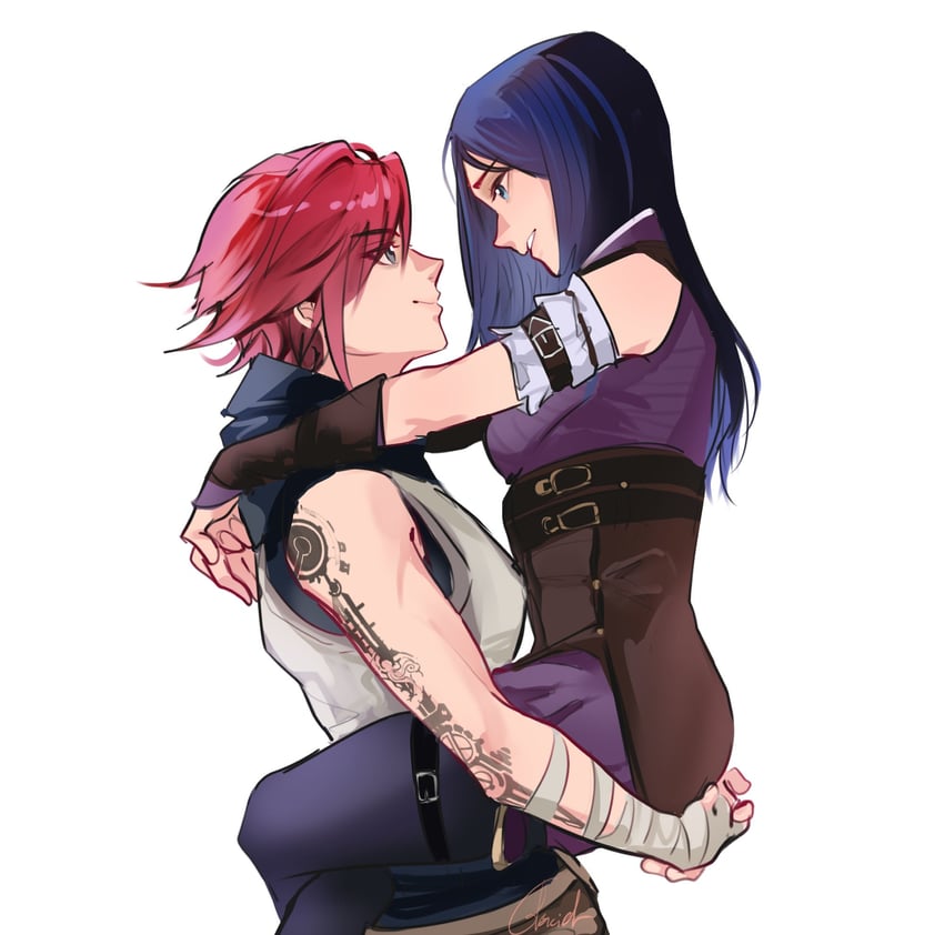 vi, caitlyn, arcane vi, and arcane caitlyn (league of legends and 1 more) drawn by glaciel