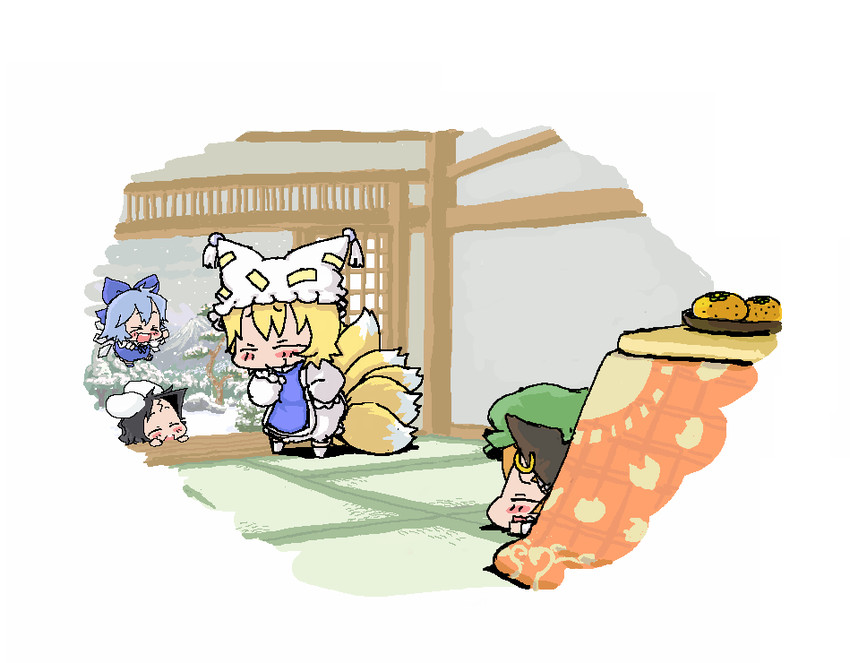 cirno, yakumo ran, chen, and inaba tewi (touhou) drawn by baku_taso