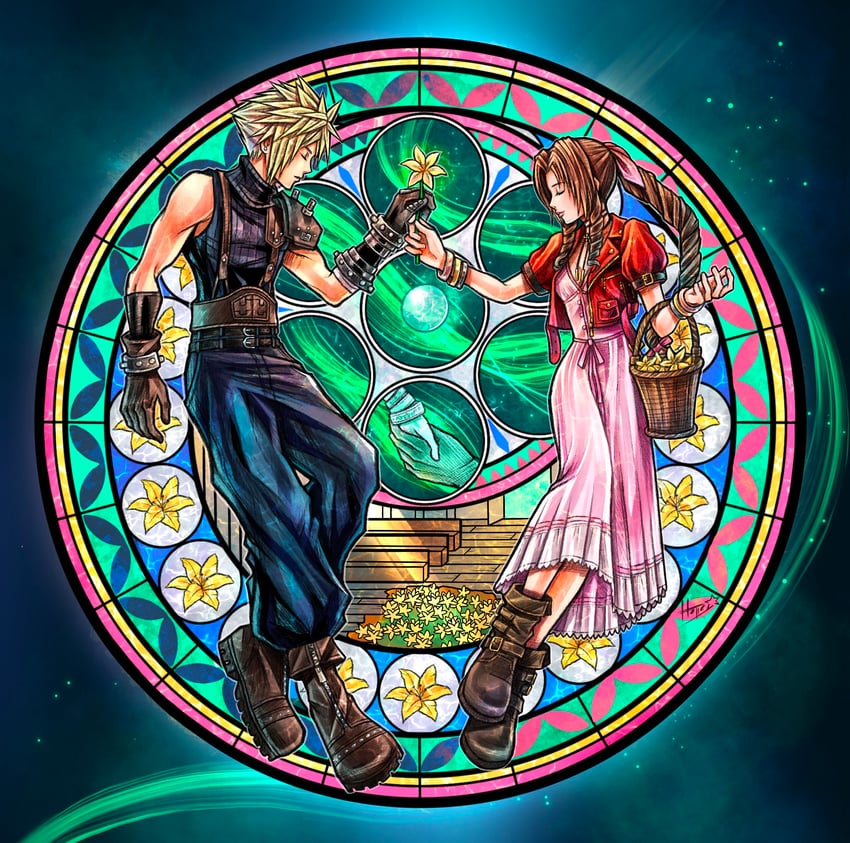 cloud strife and aerith gainsborough (final fantasy and 3 more) drawn by hollypolllyy