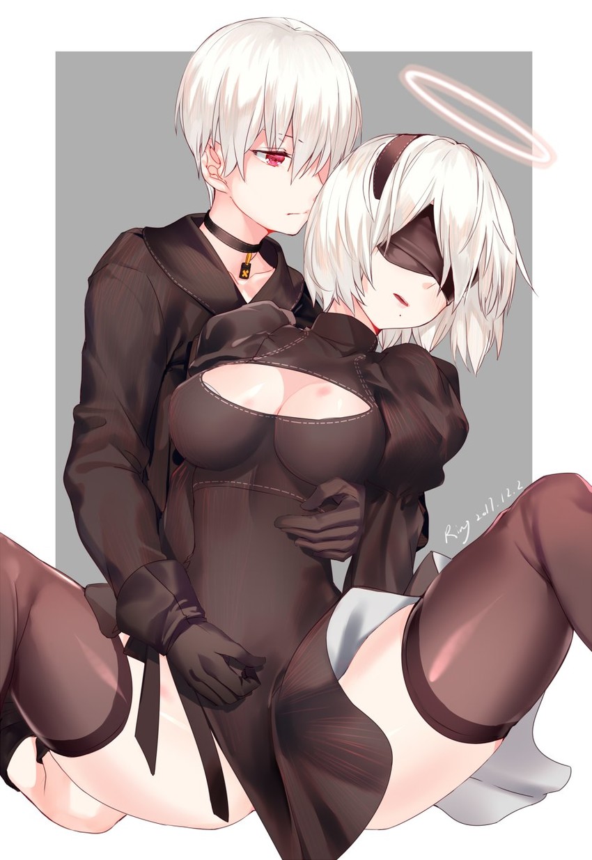 2b and 9s (nier and 1 more) drawn by aki663