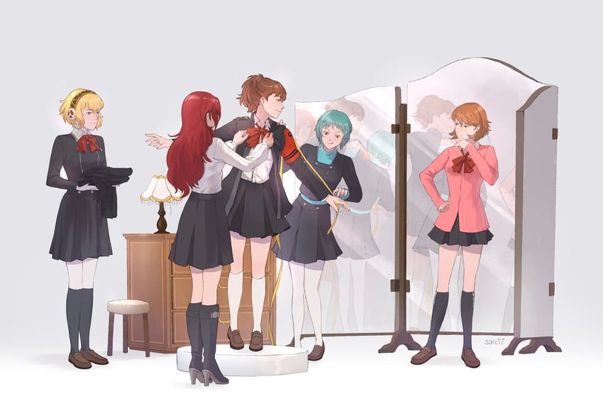aigis, shiomi kotone, takeba yukari, kirijou mitsuru, and yamagishi fuuka (persona and 2 more) drawn by sarcii