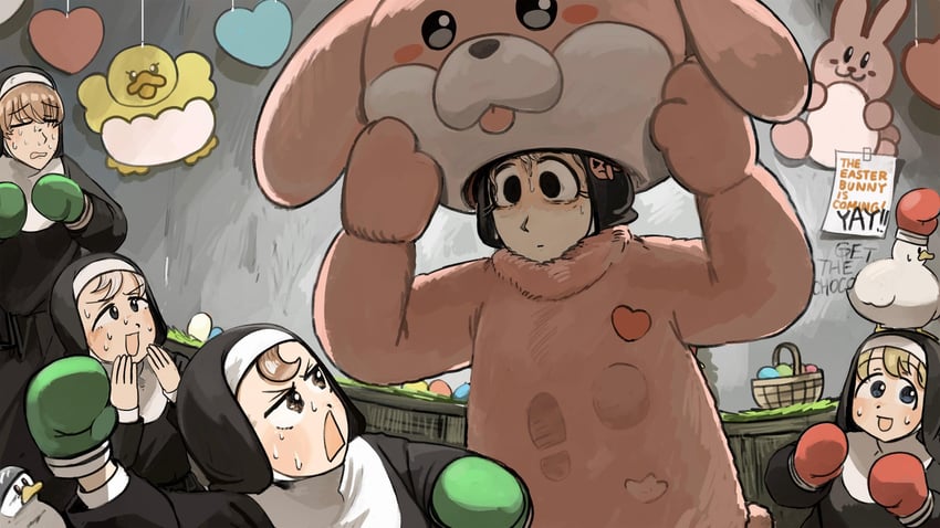 clumsy nun, froggy nun, bunny nun, shy nun, and laidback nun (little nuns) drawn by diva_(hyxpk)