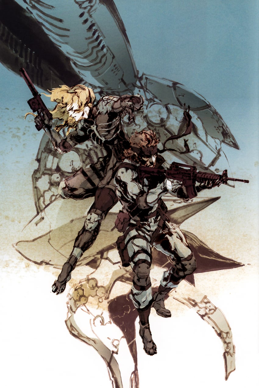 solid snake, raiden, and metal gear ray (metal gear and 2 more) drawn by shinkawa_youji