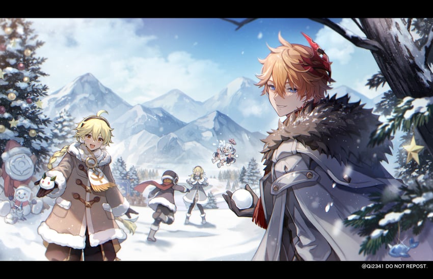 lumine, aether, paimon, tartaglia, teucer, and 1 more (genshin impact) drawn by qi2341