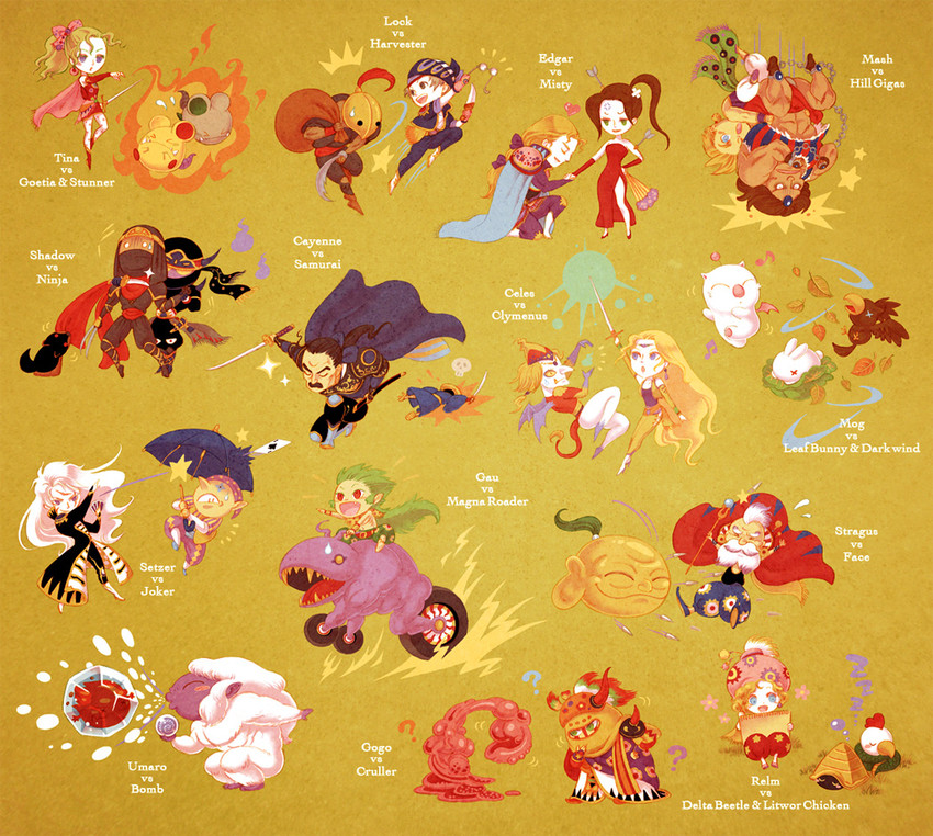 terra branford, moogle, celes chere, locke cole, relm arrowny, and 11 more (final fantasy and 1 more) drawn by sakaman