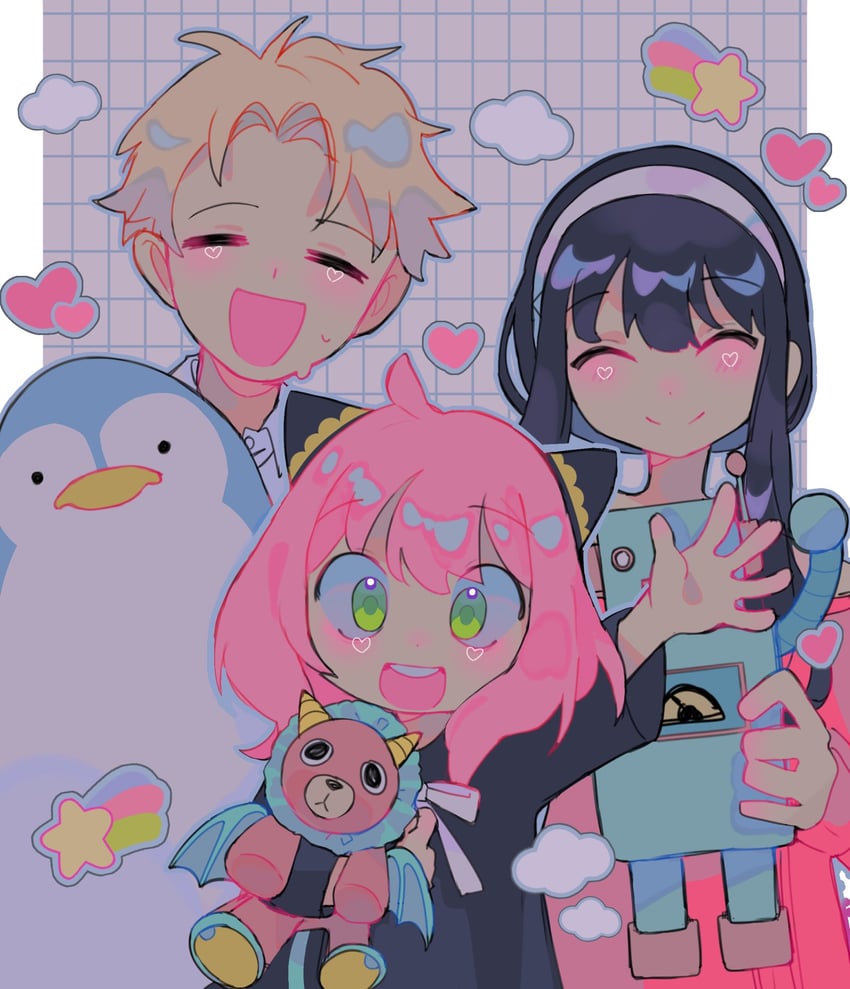 yor briar, anya, twilight, and director chimera (spy x family) drawn by littlebunniboo