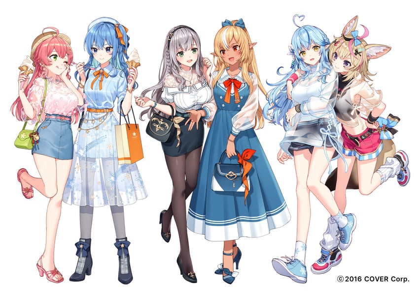 hoshimachi suisei, sakura miko, shirogane noel, yukihana lamy, shiranui flare, and 1 more (hololive) drawn by nardack