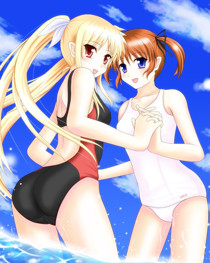 fate testarossa and takamachi nanoha (lyrical nanoha and 2 more) drawn by sooichi_(diabolicemission)