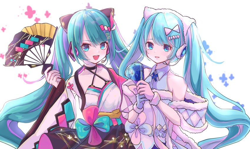 hatsune miku and magical mirai miku (vocaloid and 1 more) drawn by katorea