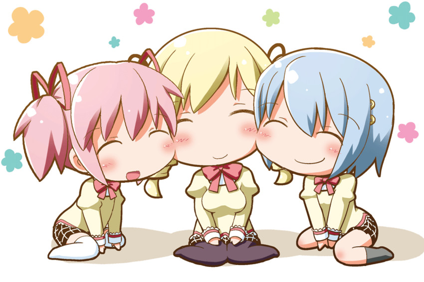kaname madoka, miki sayaka, and tomoe mami (mahou shoujo madoka magica) drawn by gerotan