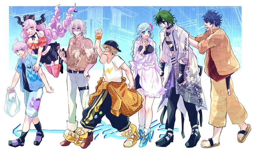 shinigami, yuma kokohead, halara nightmare, vivia twilight, desuhiko thunderbolt, and 2 more (master detective archives: rain code) drawn by negi_(ngng_9)