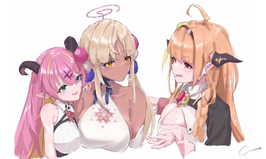 kiryu coco, tsukumo sana, and mano aloe (hololive and 1 more) drawn by yo_na