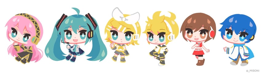 hatsune miku, kagamine rin, kagamine len, megurine luka, kaito, and 1 more (vocaloid) drawn by misoni_(mi-soni)