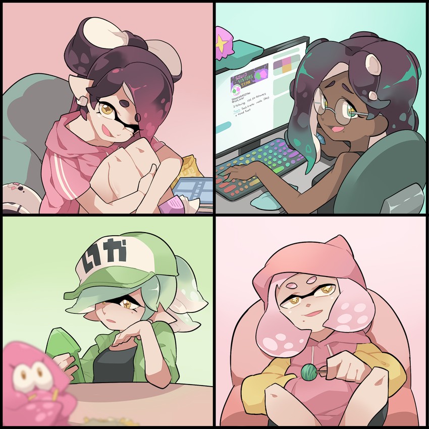 inkling player character, octoling player character, callie, marina, pearl, and 2 more (splatoon and 1 more) drawn by gomipomi