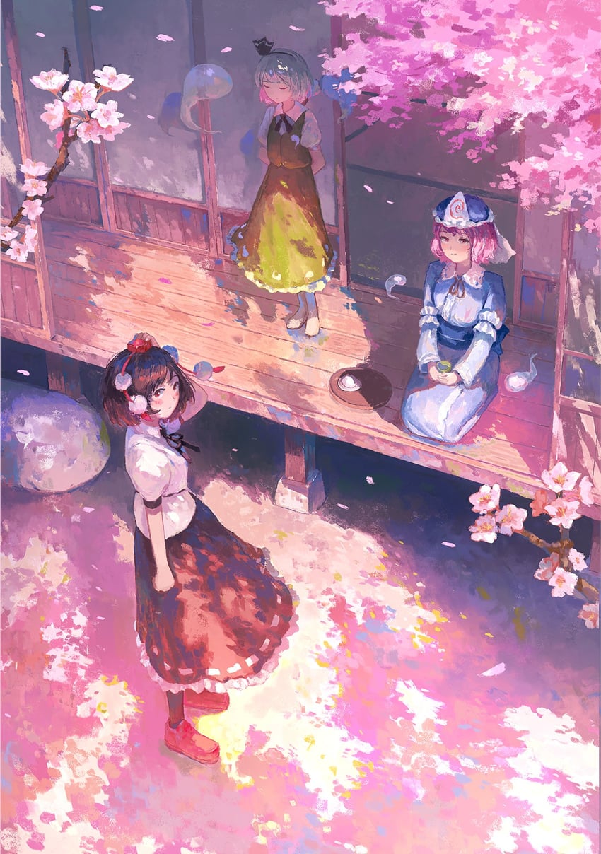 konpaku youmu, shameimaru aya, and saigyouji yuyuko (touhou) drawn by fjsmu