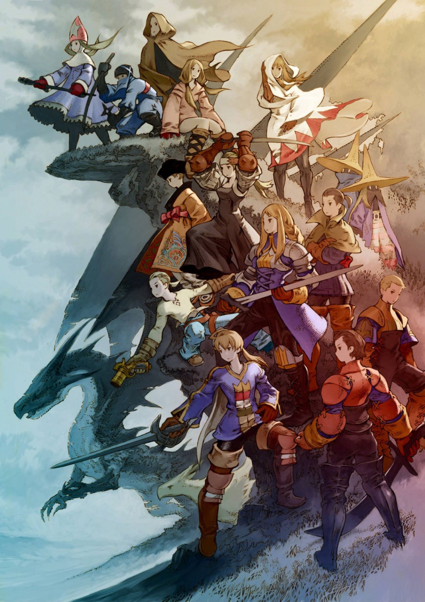 agrias oaks, ramza beoulve, white mage, geomancer, time mage, and 10 more (final fantasy and 1 more) drawn by yoshida_akihiko