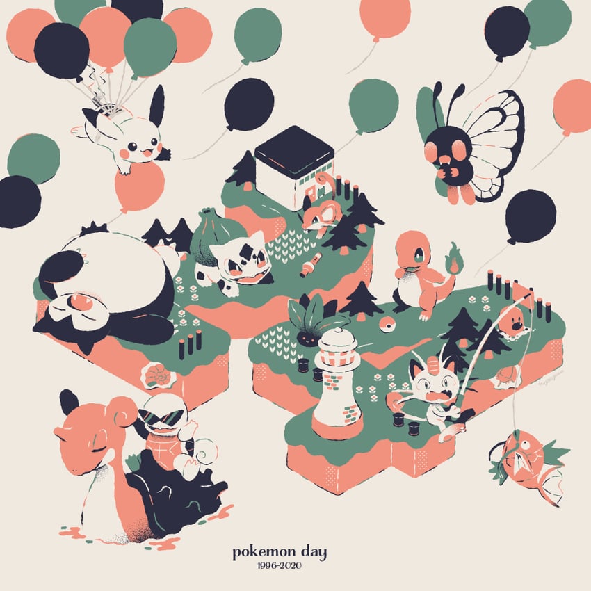 pikachu, bulbasaur, squirtle, charmander, meowth, and 8 more (pokemon) drawn by manami_(uovoegg)