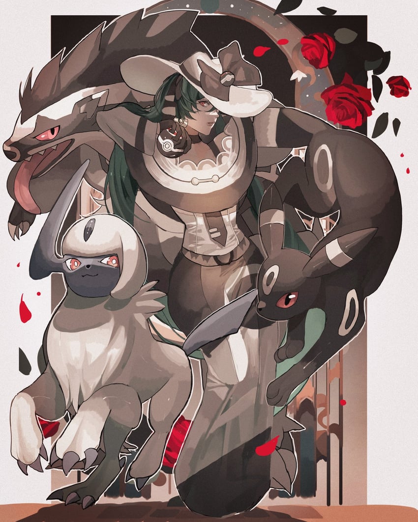 hatsune miku, umbreon, absol, obstagoon, and dark miku (pokemon and 2 more) drawn by reo_(mmocc123)