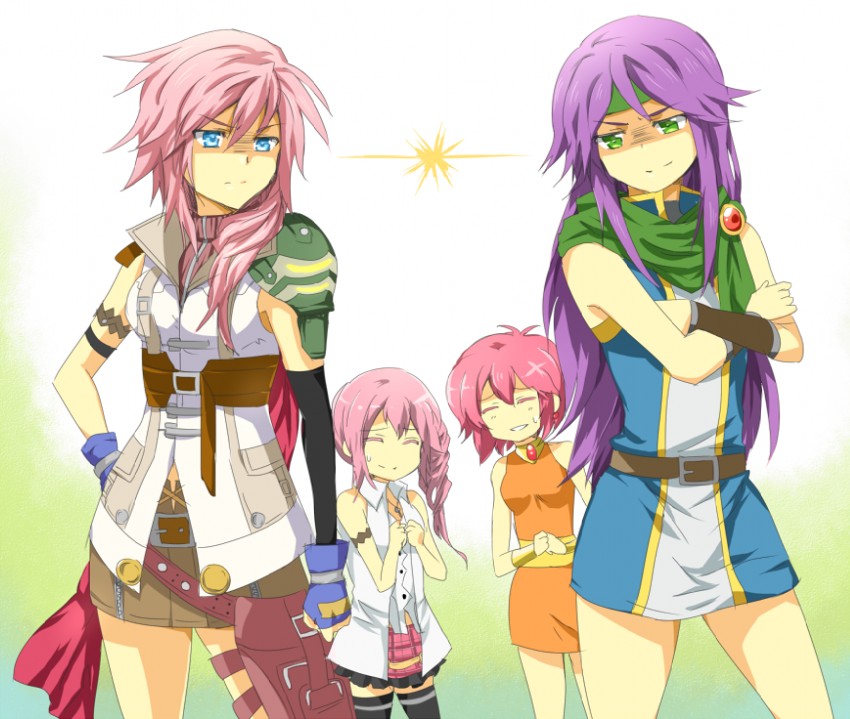 lenna charlotte tycoon, faris scherwiz, lightning farron, and serah farron (final fantasy and 2 more) drawn by meru