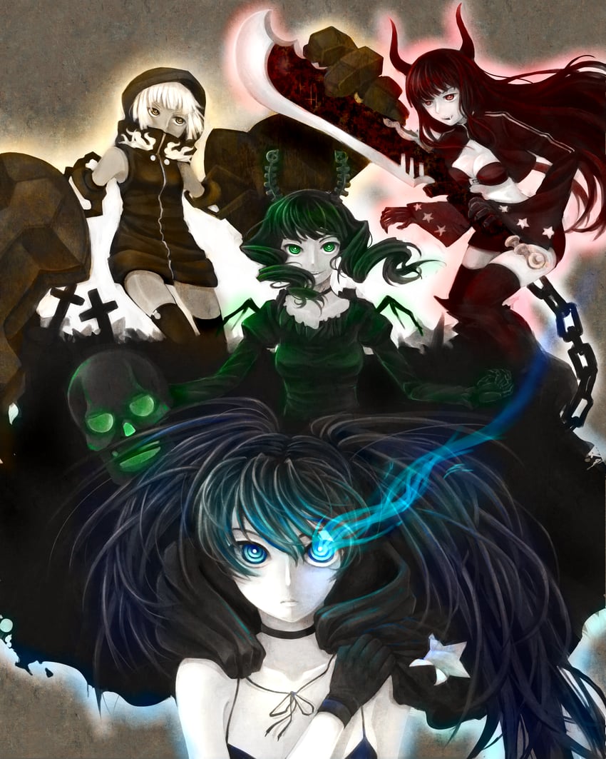 black rock shooter, dead master, strength, and black gold saw (black rock shooter) drawn by goldfishu
