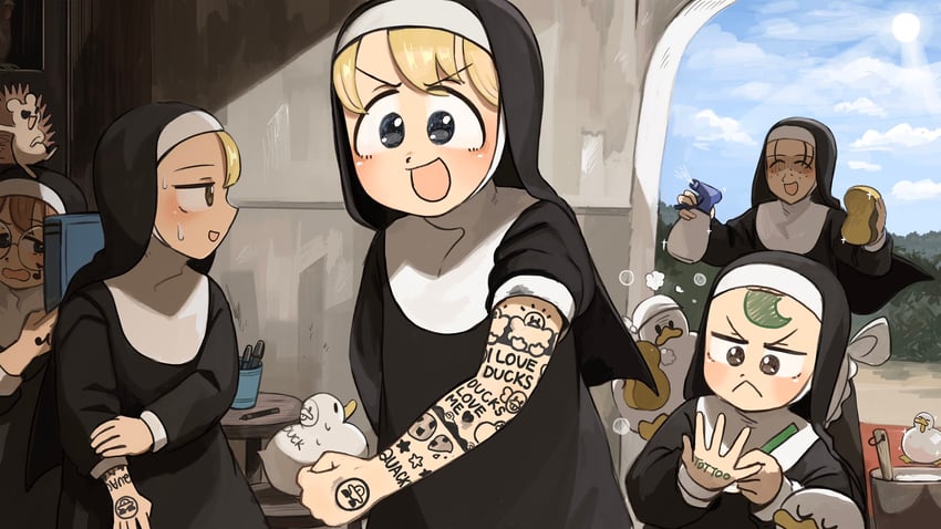 clumsy nun, froggy nun, spicy nun, glasses nun, and freckles nun (little nuns) drawn by diva_(hyxpk)