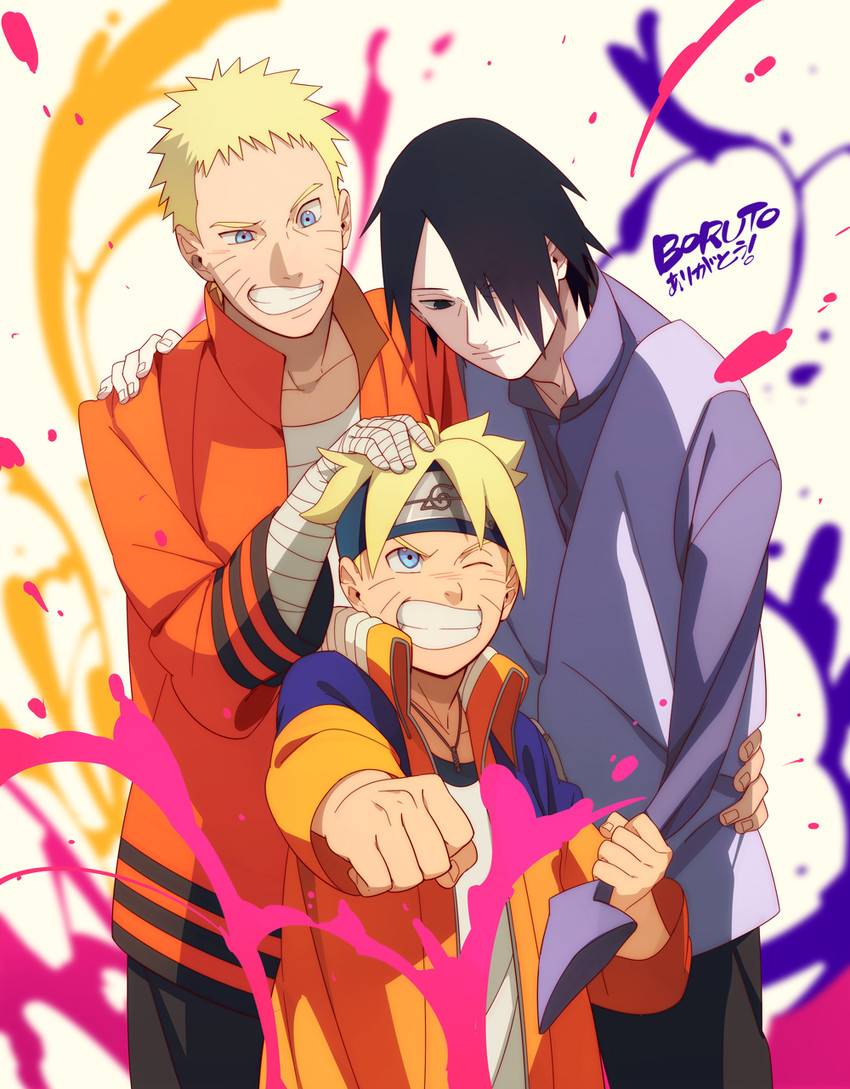 uzumaki naruto, uchiha sasuke, and uzumaki boruto (naruto and 1 more) drawn by oba-min