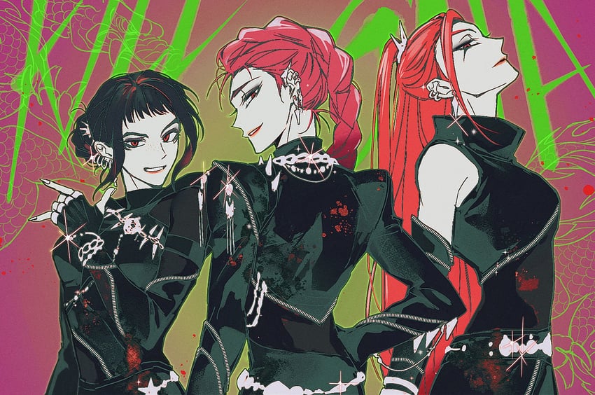 rumi, zoey, and mira (kpop demon hunters) drawn by gugusam0